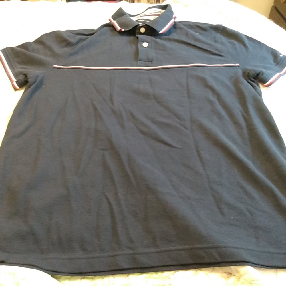 Tommy Hilfiger Men's Medium Blue with Red & White Stripe Retro Polo
